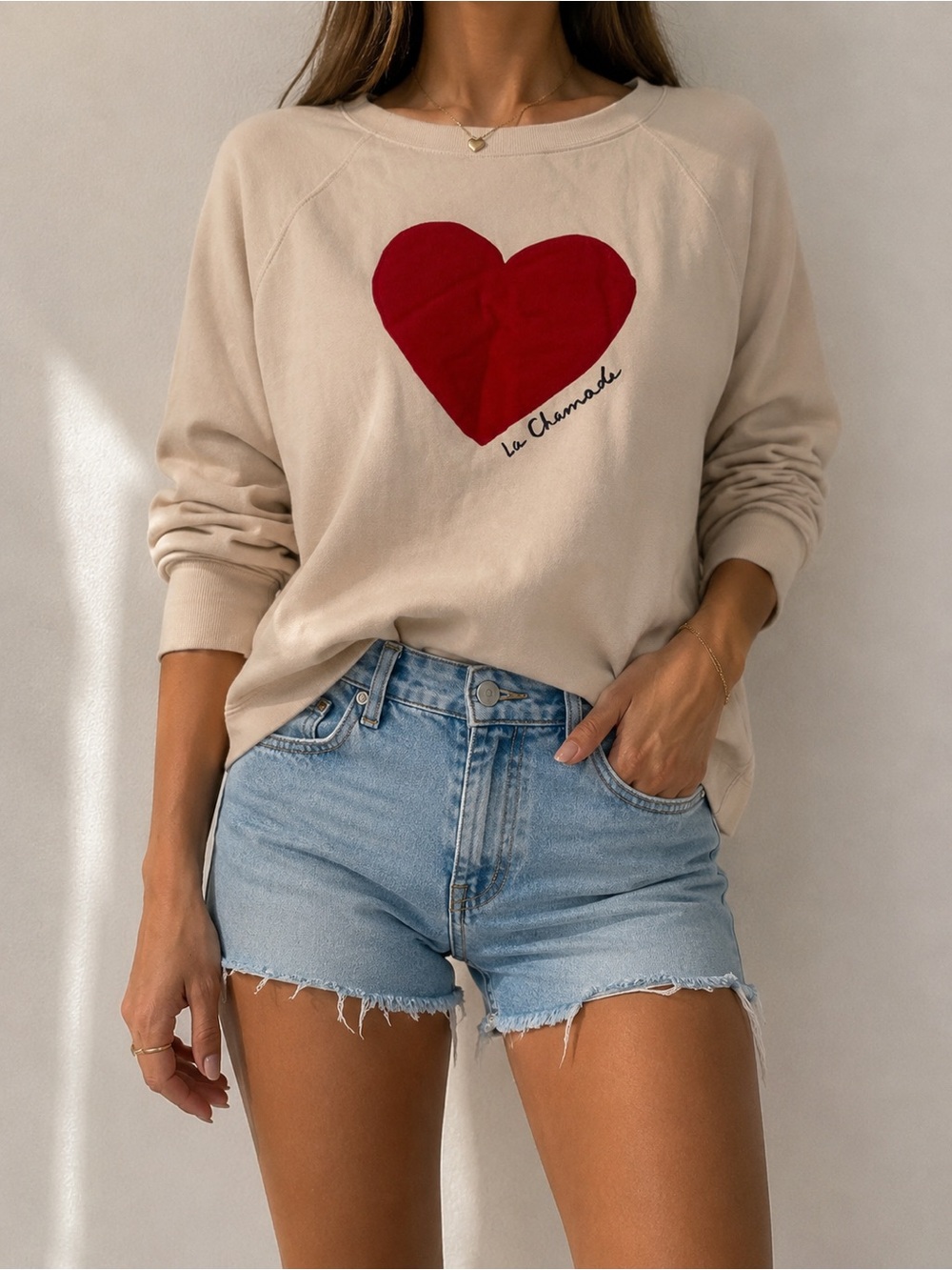 Sézane La Chamade Red Heart Beige Cotton Sweatshirt Size M